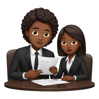 man in formal suit talking to woman in formal suit, they sit, papers in hands on the table sticker