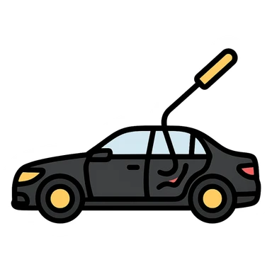 icon of a high-end black car with a subtle rod or hook tool touching a dent, matte black as main color, fine silver lines for contrast, simple style, focus on dent repair sticker