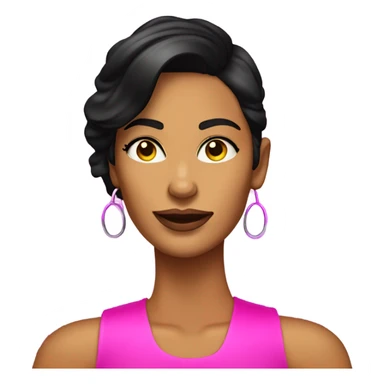 Tanned woman with black hair wearing 1980s style neon outfit and hair sticker