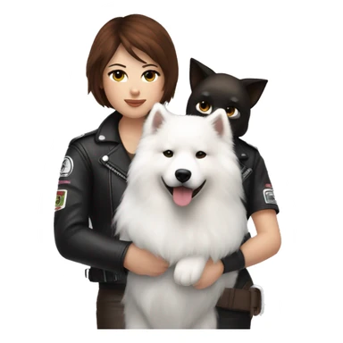 Girl biker white skin and brown short hair with a agv black helmet hugging a white Samoyed sticker