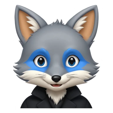 Grey anthropomorphic furry fox with a black coat, blue eyes, and a small fringe of black hair in head, smiling sticker
