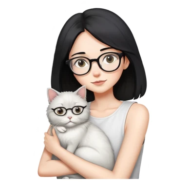 Skinny woman with oval glasses, shoulder length straight black hair, wearing white sleeveless top, hugging a grey Persian-Angora cat, plain background sticker