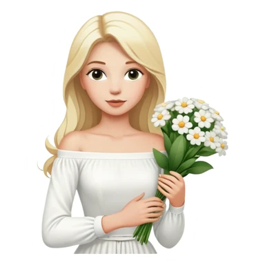 blonde woman in a white off-shoulder dress with long sleeves and a bouquet of white flowers in a white bag in her right hand sticker