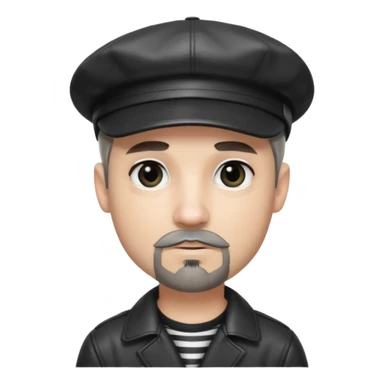 White Man with a dark grey goatee and a black shiny leather newsboy cap. He is wearing a black and white striped shirt. He is wearing heavy dark black eye makeup sticker
