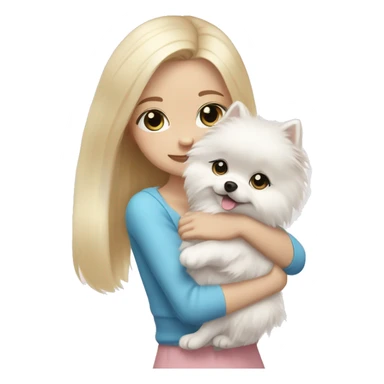 Blond girl white skin blue eyes hugging white Pomeranian with light pink bow sticker