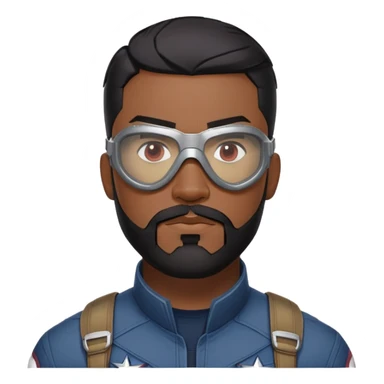 sam wilson have a short, neatly cropped black hair. It is evenly trimmed and close to the scalp, maintaining a clean and military-inspired and  a well-groomed beard that connects to his mustache,  wear sleek, red-tinted tactical goggles fit snugly from captain america: civil war sticker