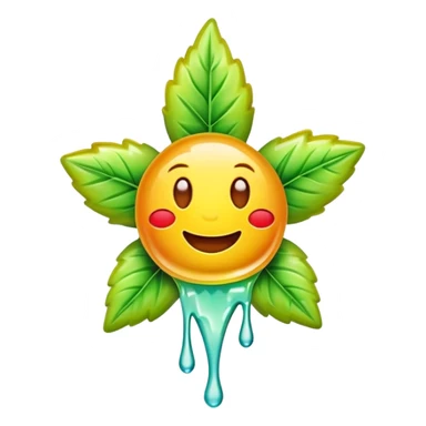 generate an emoji-style image of a juicy gummy shaped like a marijuana flower, make it colorful and with liquid dripping out sticker