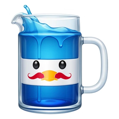A large clear glass mug with a bright blue liquid inside.  Make the mug thicker and white/clear, not blue. beer stein. Handle is not blue. The walls of the mug are very thick and white. Only one handle. No actual beer. Can of redbull sticking out of too sticker