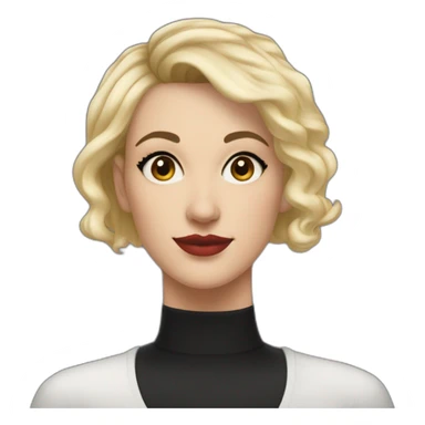 white woman in her forties hazel eyes black shaved hair on one side blond very short hair on other side upturned nose black tanker tattoo on the shoulders sticker