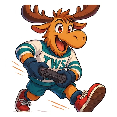 Transform the moose into an expressive anime style character with vibrant colors. Keep the 'TWS' hockey jersey, have it holding a game controller and wearing shoes. Show dynamic pose and expressive anime eyes. No background. sticker
