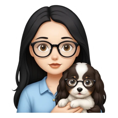 A beautiful girl with long black hair and glasses is holding a long-haired white and brown puppy sticker