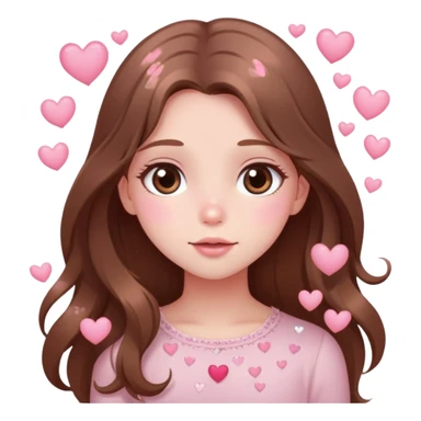 Girl with long brown hair blushing with sparkly eyes and little hearts floating around cartoon style cute delicate pale pink sticker