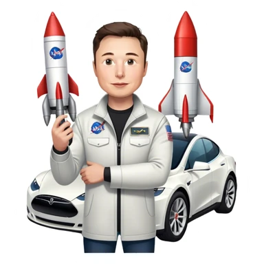 Elon musk holding a Nasa rocket and tesla car sticker