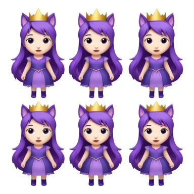 A collection of twelve chibi-style illustrations of a cute princess wearing a purple dress and crown with purple hair and purple wolf ears and purple wolf tail character. Each square shows the character expressing a different emotion against a white background And make a gap between each illusion sticker