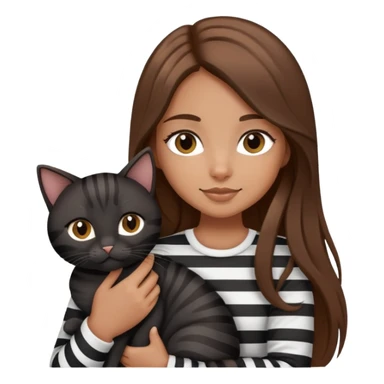 tan girl with long brown hair holding two cats, one black cat and one grey-striped cat sticker