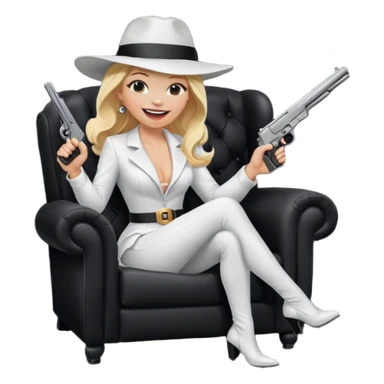 Mafia blondes Laughter lol woman in hat , gun ,black armchair , white costume  sticker