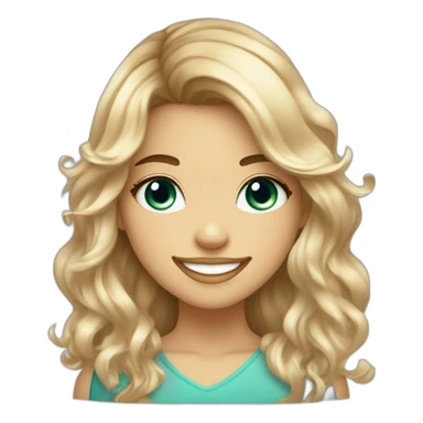 girl smiling with brown to blonde ombre wavy hair with bangs and greenish blue eyes wearing rhinestones next to eyes saying hi sticker