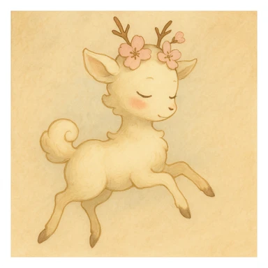 Refine this feminine vanilla cloud doe with rosy cheeks and cherry flowers on its head to float gracefully, not facing front, for a brand identity mascot for social media. Keep the style soft, whimsical, and feminine, and ensure the pose and expression convey magical, graceful floating energy. No front-facing view. sticker