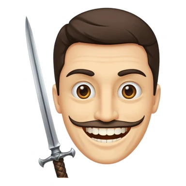 Haz que tenga una sonrisa epica una cicatriz en el ojo serrado y una espada entre los dientes y dos más a cada lado. sticker