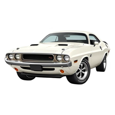 White 1971 Dodge Challenger with sharp details, precise three-quarter view at 30 degrees, accurate muscle car proportions, visible front bumper and fender, pure white finish, iOS emoji style sticker
