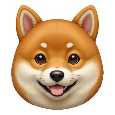 Head of a Shiba Inu dog, in orange-brown fur with white muzzle and cheeks, round face, big black eyes, perky ears, grinning with closed mouth, no tongue, front-facing, glossy texture, soft shadows
 sticker