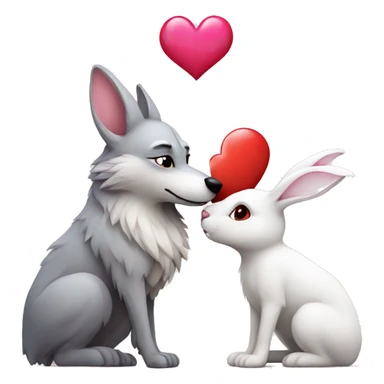 Old Wolf kisses a white Bunny who has pink ears, with big red heart between them. Heads only, with no body  sticker