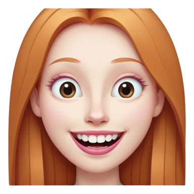 traditional emoji of young girl with very pale skin, long straight muted ginger hair, elongated oval face, bigger human-like eyes positioned close together, wide nose, full pink lips with a big smile showing extremely large and prominent teeth, less intense expression sticker