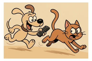 a playful dog holding a remote, chasing a cat, fun and energetic scene, cartoon style, lively and dynamic sticker
