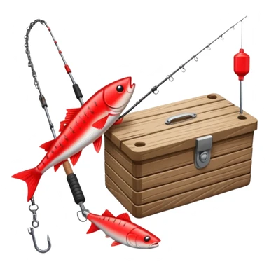 A fishing rod with reel and line neatly coiled beside a bait box.

 sticker