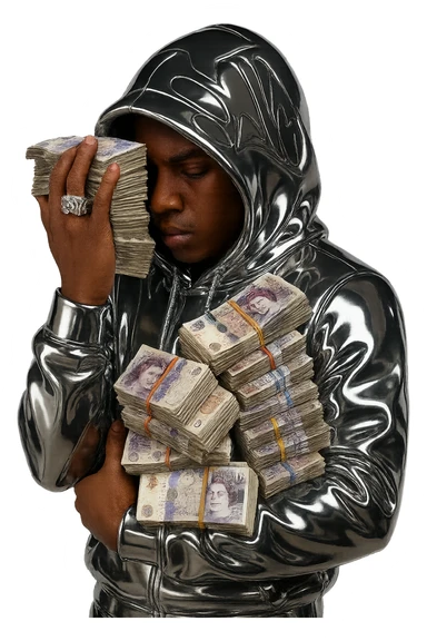Create a chrome style iconic and bold icon of the person in the reference image. The face and hands should have brown skin with natural, realistic facial features. Keep the hoodie and clothing in chrome style. The money bills should remain realistic and detailed, blending well with the chrome style overall. sticker