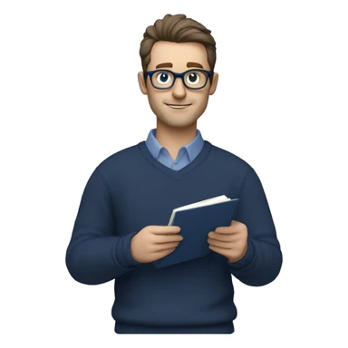 caucasian white man with dark hair, blue glasses, and carrying design plan because he is an architect carrying a pencil and a set model maquette. wearing a navy blue long sleeve sweater shirt. smart.  sticker