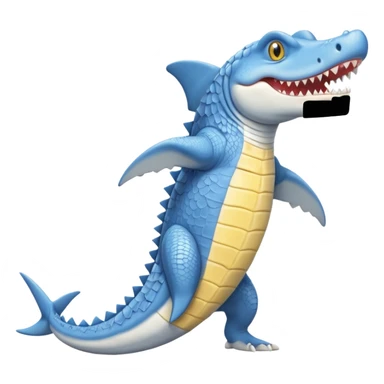 Appearance: The character is predominantly blue with a lighter belly and yellow eyes.
Features: It has large teeth, a shark-like fin on its back, and a tail.
Attire: The crocodile is wearing a pair of light blue and white sneakers.
Pose: It is standing upright on its hind legs. sticker