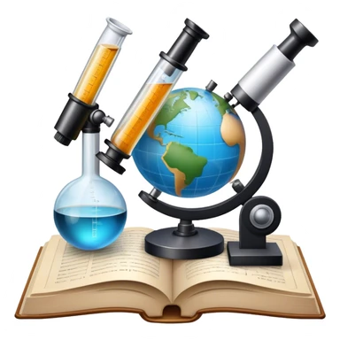 Icon for Scientific and Educational Reading: an open book with mathematical formulas, a microscope, a test tube, and a globe. The icon should represent the curiosity and knowledge found in scientific and academic books. Transparent background. sticker