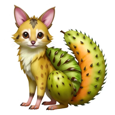 Hyper realistic  tropical-fruit-splash-colored fur of kiwi-green-lime-green-gradients, papaya-orange, and dragonfruit-pink chaos beautiful elegant pretty precious cute  Fakémon-Pokémon-opossum-feline-serval-caracal-chinchilla-Furret-Minccino-hybrid-creature with a big fluffy bushy tail (full body) sticker