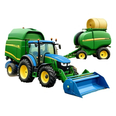 Baler – New Holland Roll-Belt 560 (2018) – Cinematic-realistic John Deere 6155M tractor towing a New Holland Roll-Belt 560 baler, its deep green body contrasting with the bright blue baler. The massive machine moves steadily through golden fields, compressing freshly cut hay into tight round bales, while dust swirls under the blazing afternoon sun. sticker