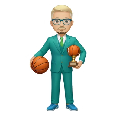 Full Body white  heavy set male  wearing glasses with a goatee with light blonde gray very short hair basketball head Coach in blue and green suit holding trophy sticker