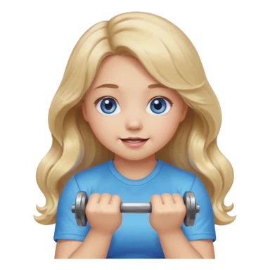 Kawaii emoji girl with big  blue glossy eyes, long wavy dirty blonde hair, happy expression, holding a dumbell, chubby cheeks, soft pastel colors, cozy and sweet aesthetic, clean background. sticker