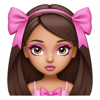 pretty bratz baddie, long straight hair brunette baddie with eyeliner and brown eyes and small pink bow sticker