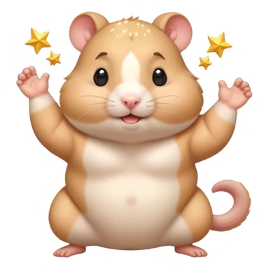 Cute chubby cartoon-style hamster flexing tiny arms like a bodybuilder, sparkles around it, triumphant expression. Painterly shading, white background, sticker-style illustration. sticker