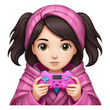 White girl with dark hair wrapped up in a blanket with a pink gaming controller in her hands sticker
