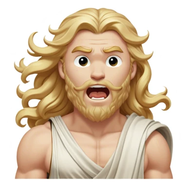 Cinematic Realistic Thor Portrait, head tilted slightly with a dramatic, wide-open yawn, revealing a moment of unguarded human vulnerability amidst his divine stature. His fair, luminous skin and elegantly styled, wavy golden hair maintain their sculptural perfection even in repose. Dressed in a flowing white toga with understated golden accents, the portrait is bathed in soft natural light, capturing a rare glimpse of relaxed, timeless strength from a Greek god reborn. sticker