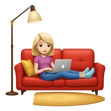 A girl is working with a laptop while lying on a sofa, with a floor lamp to the right. sticker