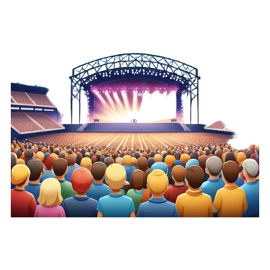 An icon showing a stadium stage with a concert in full swing, bright stage lights illuminating the performers, and fireworks bursting in the sky. The excitement of the crowd is palpable, symbolizing a love for live music and unforgettable shows. transparent background. sticker