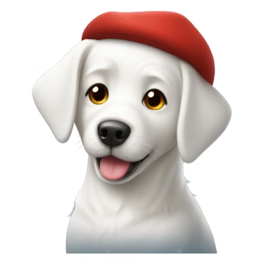 A cute white dog covered in Snow White a red hat sticker