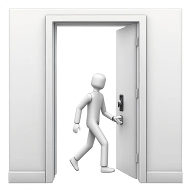 minimalistic icon of a white human figure walking through an open outlined door, viewed from the front, door with visible doorknob, solid green background, flat simple clean lines, high contrast sticker