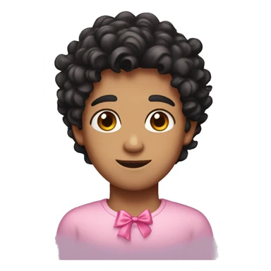 emoji of a boy with black curly hair and brown eyes with a pink bow emoji on the top right of his head sticker