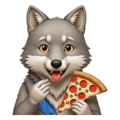 a surprised grey wolf eating a piece of pizza in a sitting pose emoji sticker