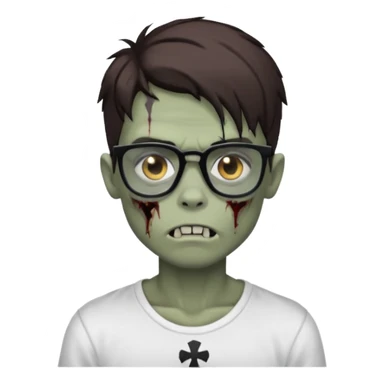 long brown haired zombie boy with black highlights, black glasses, white t shirt, hard collarbone sticker