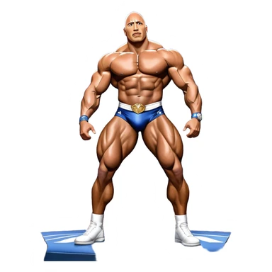 Dwayne 'The Rock' Johnson, covered in oil, striking a powerful pose on stage at the Mr. Universe bodybuilding championship. His muscles are clearly defined, exuding strength and charisma. The backdrop features a professional stage with judges and a cheering audience. Transparent background. sticker