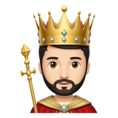 Bearded King, young king with short black beard, royal staff in hand, wearing crown
 sticker